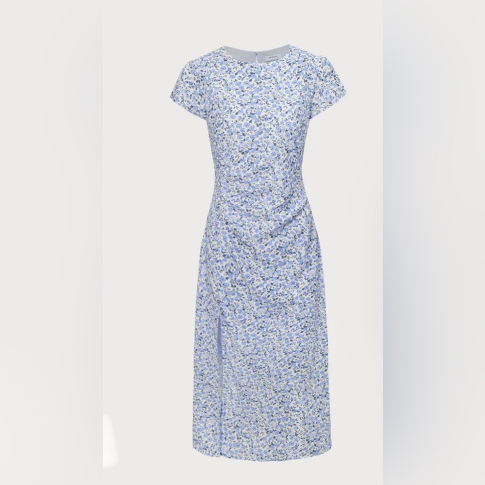 RIHOAS Blue and White Ruched Midi Dress with Flutter Sleeves New